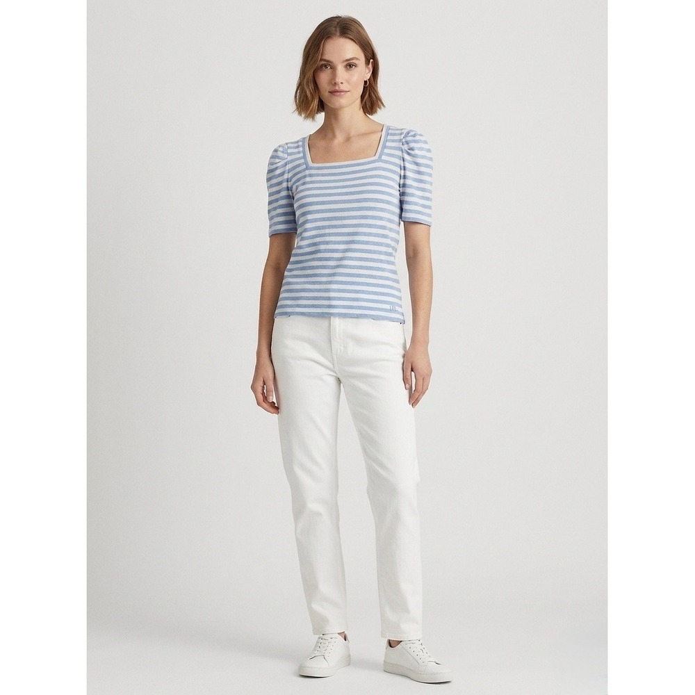 Lauren Ralph Lauren Striped Square Neck Puff Sleeve Cotton Top Blue White M NEW